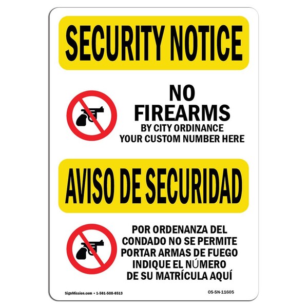 OSHA Security Sign, 3.5" Height, 5" Width, No Firearms By County Bilingual, Landscape, 10PK